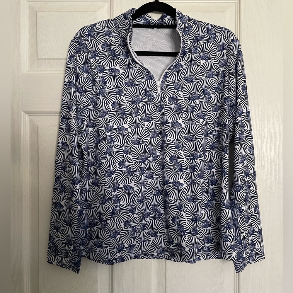 Gottex Women’s Size L Navy Blue and White Shell Patterned Quarter Zip Jacket